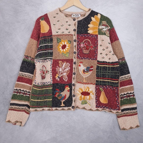 Tiara International Sweaters - Handknit Country Cardigan Sweater Womens Large Farm Flower Rooster Sunflower